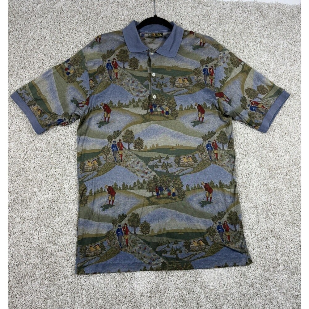 Bobby Jones Golf Polo Shirt Mens M Italy Scenic Print 100% Cotton